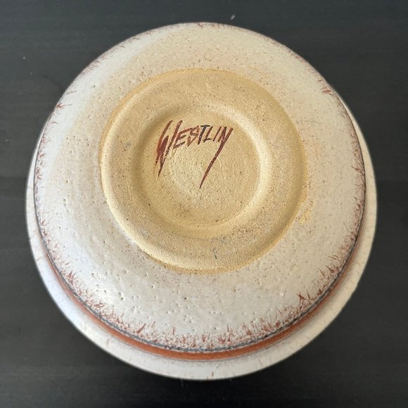 Westlin Studio Art Pottery 8" Bowl // Vintage 1980s Blue Rust Stripes Splatter - Picture 5 of 7